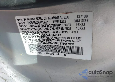 2010 Honda Odyssey Lx from USA, damaged, VIN 5FNRL3H2XAB036366